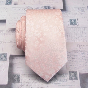 FREE POCKET SQUARE Slim & Standard Sized Ties Pastel Pink Pale Apricot Pink Blush Floral Mens Silk Necktie Wedding Ties