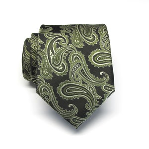 Mens Tie Moss Green on Black Paisley Mens Necktie With Matching Pocket Square Option