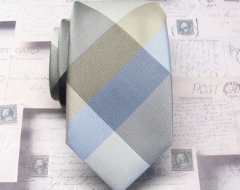 Mens Tie Blue Silver Taupe Plaid Necktie With Matching Pocket Square Option
