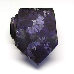 Lavender Eggplant Purple on Dark Gray Floral Necktie Wedding Ties With Matching Pocket Square Option