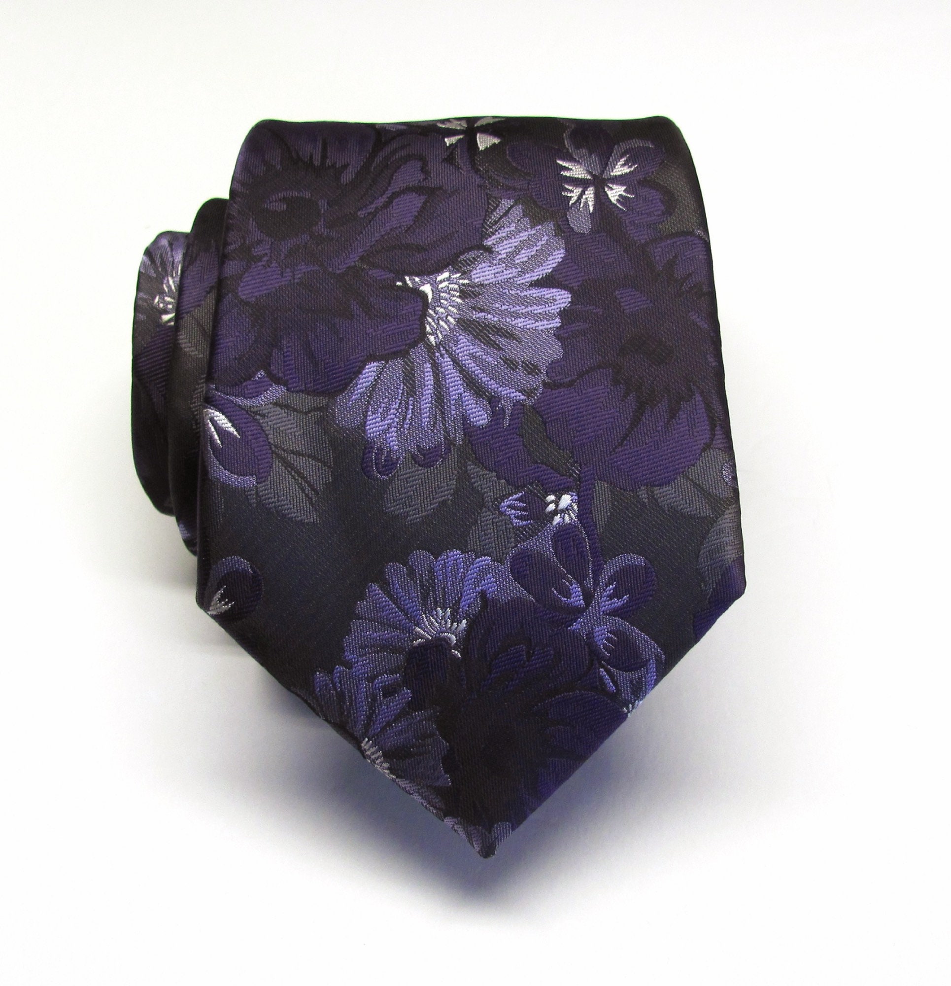Lavender Eggplant Purple on Dark Gray Floral Necktie Wedding Ties