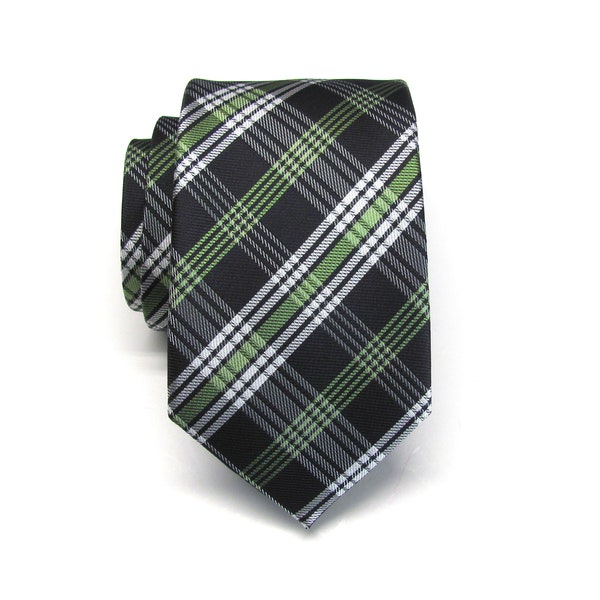 Mens Ties Black Green Gray White Plaid Mens Neckties. Silk Tie with Matching Pocket Square Option