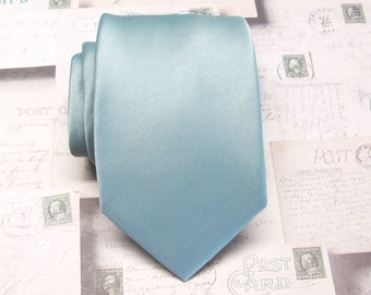 Mens Tie. Dusty Blue Silk Necktie With Matching Pocket Square Handkerchief Option