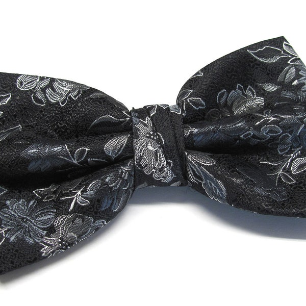 Mens Bowties. Schwarz grau Floral Fliege mit passenden Pocket Square Option
