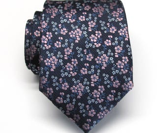 Navy Blue Pink Floral Mens Necktie With Matching Pocket Square Option