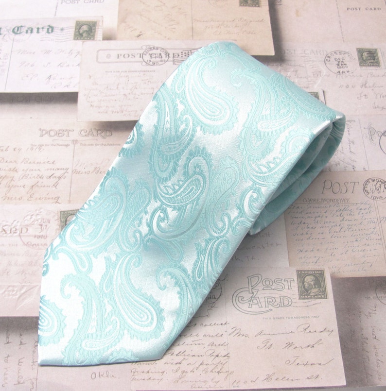 Mens Tie. Wedding Neckties Pastel Pool Blue Pale Blue Paisley Mens Tie. Groomsmens Ties image 2