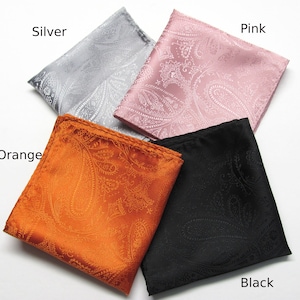 May include: Four folded pocket squares in silver, pink, orange, and black. Each square features a paisley pattern. The word "Silver" is written above the silver pocket square, "Pink" above the pink one, "Orange" above the orange one, and "Black" above the black one.