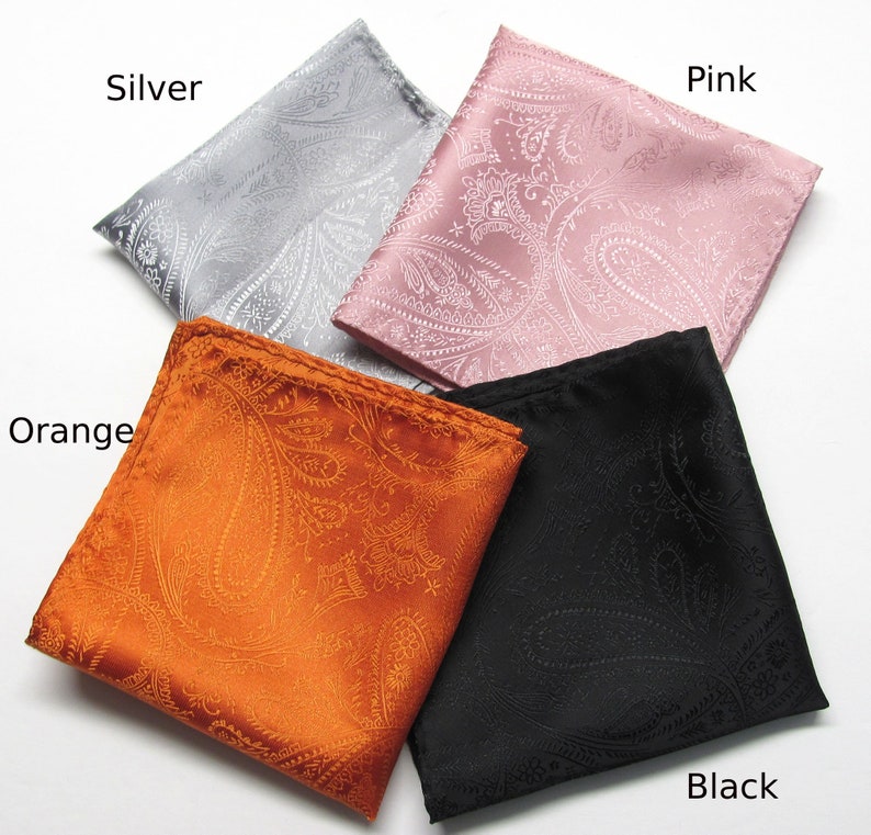 May include: Four folded pocket squares in silver, pink, orange, and black. Each square features a paisley pattern. The word "Silver" is written above the silver pocket square, "Pink" above the pink one, "Orange" above the orange one, and "Black" above the black one.