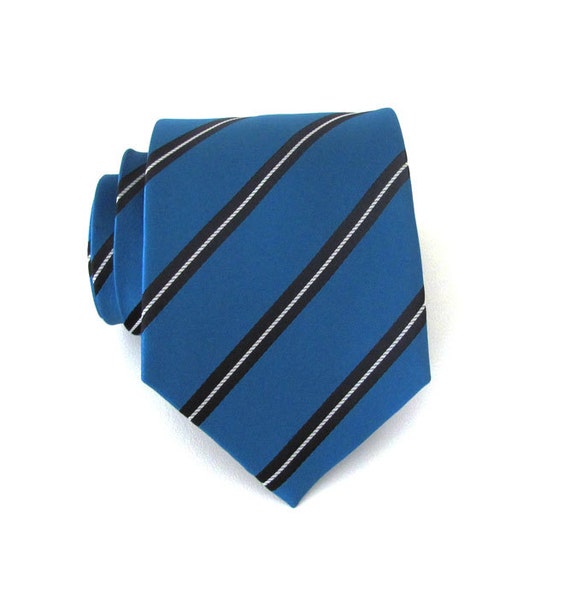 Mens Ties Blue White Black Stripes Silk Necktie Etsy