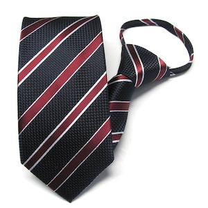 Zipper Necktie Black Burgundy White Striped Zip Up Adjustable Pre Tied Mens Tie