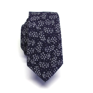 Cotton Mens Tie. Navy Blue White Floral Skinny Tie With Matching Pocket Square Option