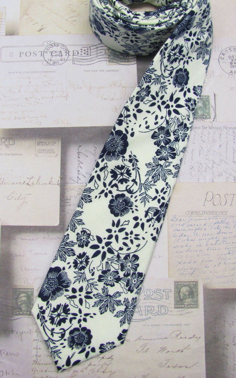 Cotton Mens Tie. Cotton White Navy Blue Floral Vine Skinny | Etsy