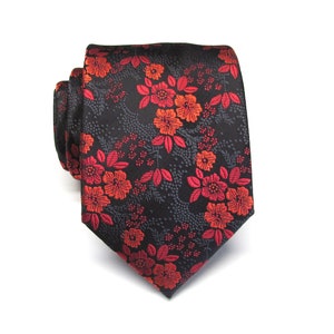 Herren Krawatten Schwarz Rot Floral Herren Seide Schmale Krawatte mit passender Einstecktuch Option