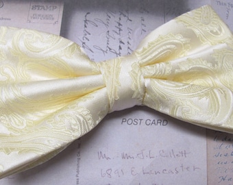 Mens Bowtie. Pastel Yellow Paisley Bowtie With Matching Pocket Square Option