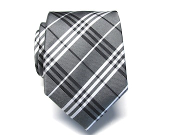 Mens Tie Gray Black White Plaid Necktie With Matching Pocket Square Option