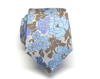 Mens Ties Blue Purple Silver Floral Mens Neckties. Silk Tie with Matching Pocket Square Option