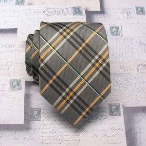 Mens Tie Brown Orange Plaid Necktie