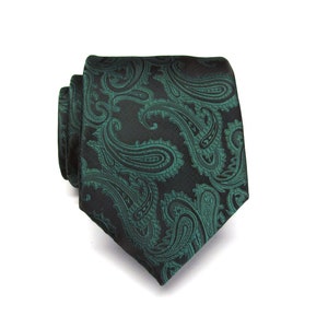 Mens Tie Dark Forest Juniper Green on Black Paisley Mens Necktie