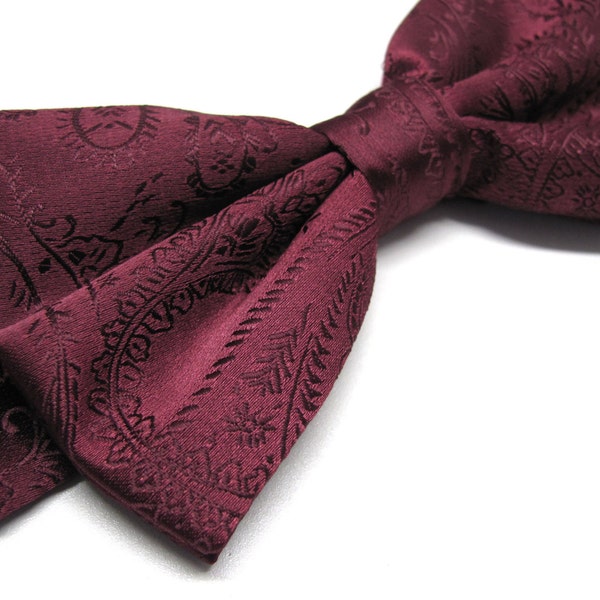 Mens Bowties. Burgundy Paisley Bow tie With Matching Pocket Square Option