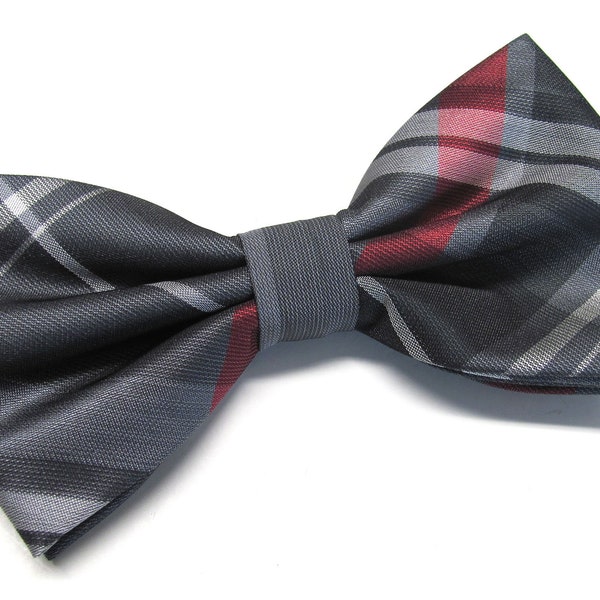 Mens Bow Tie Gray Burgundy Dark Red Plaid Bowtie With Matching Pocket Square