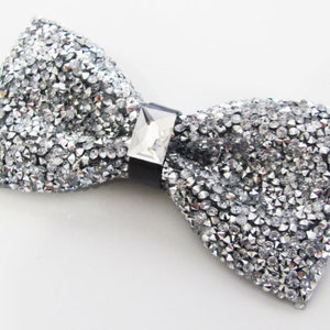 Mens Crystal Bow Tie Beaded Crystal Silver Adjustable Pre Tied Bow Tie