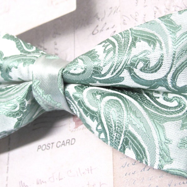 Mens Bowtie. Dusty Shale Green Paisley Bowtie With Matching Pocket Square