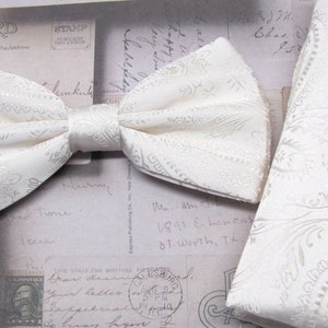 Mens Bowties. Ivory Paisley Bow tie With Matching Pocket Square Option image 2