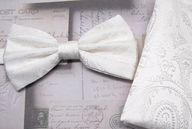 Mens Bowties. Ivory Paisley Bow tie With Matching Pocket Square Option image 2