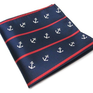 Pocket Squares Navy Blue Red Anchor Nautical Stripes Hanky