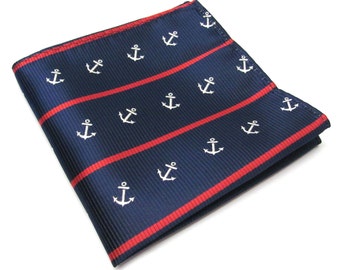 Pocket Squares Navy Blue Red Anchor Nautical Stripes Hanky