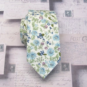 Corbata de algodón para hombre Diseño floral verde azul púrpura en corbata delgada blanca suave con opción de cuadrado de bolsillo a juego