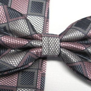 Mens Bowties. Dusty Rose Pink Gray Plaid Checkers Bow tie. With Matching Pocket Square Option image 2