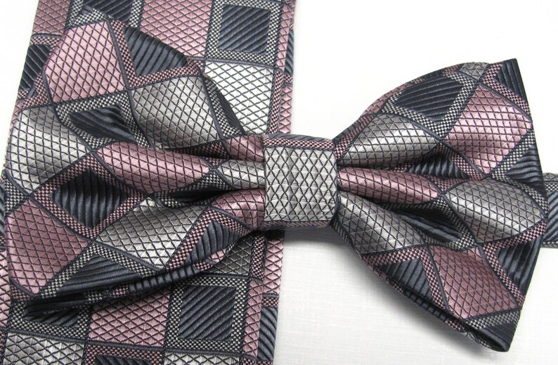Mens Bowties. Dusty Rose Pink Gray Plaid Checkers Bow tie. With Matching Pocket Square Option image 2