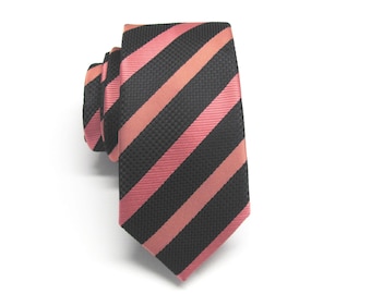 Mens Ties Skinny Tie. Black Coral Papaya Pink Stripes Skinny Necktie