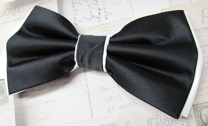 Mens Bow Ties. Black White Bow Tie. Wedding Bow Ties Black and White Bowtie With Matching Pocket Squares image 2