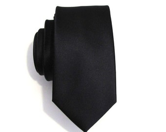 Mens Tie Black Skinny Silk Necktie With Matching Pocket Square Handkerchief Option