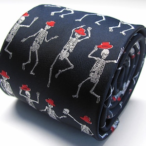 Navy Blue Mens Tie With Halloween Dancing Skeleton Design Necktie