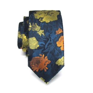 Skinny Tie. Men&#39;s Navy Blue Yellow Gold Copper Rust Orange Floral Skinny Mens Ties With Matching Pocket Square Option