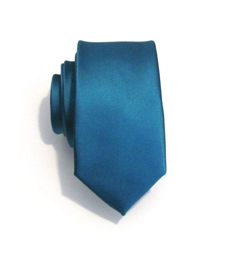 Mens Necktie Teal Silk Skinny Necktie With Matching Pocket Square Handkerchief Option image 2