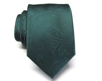 Mens Necktie Dark Forest Green Paisley Tie With Matching Pocket Square Option