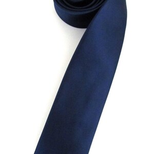 Mens Tie. Dark Navy Blue Skinny Silk Necktie with Matching Pocket Square Handkerchief Option image 2