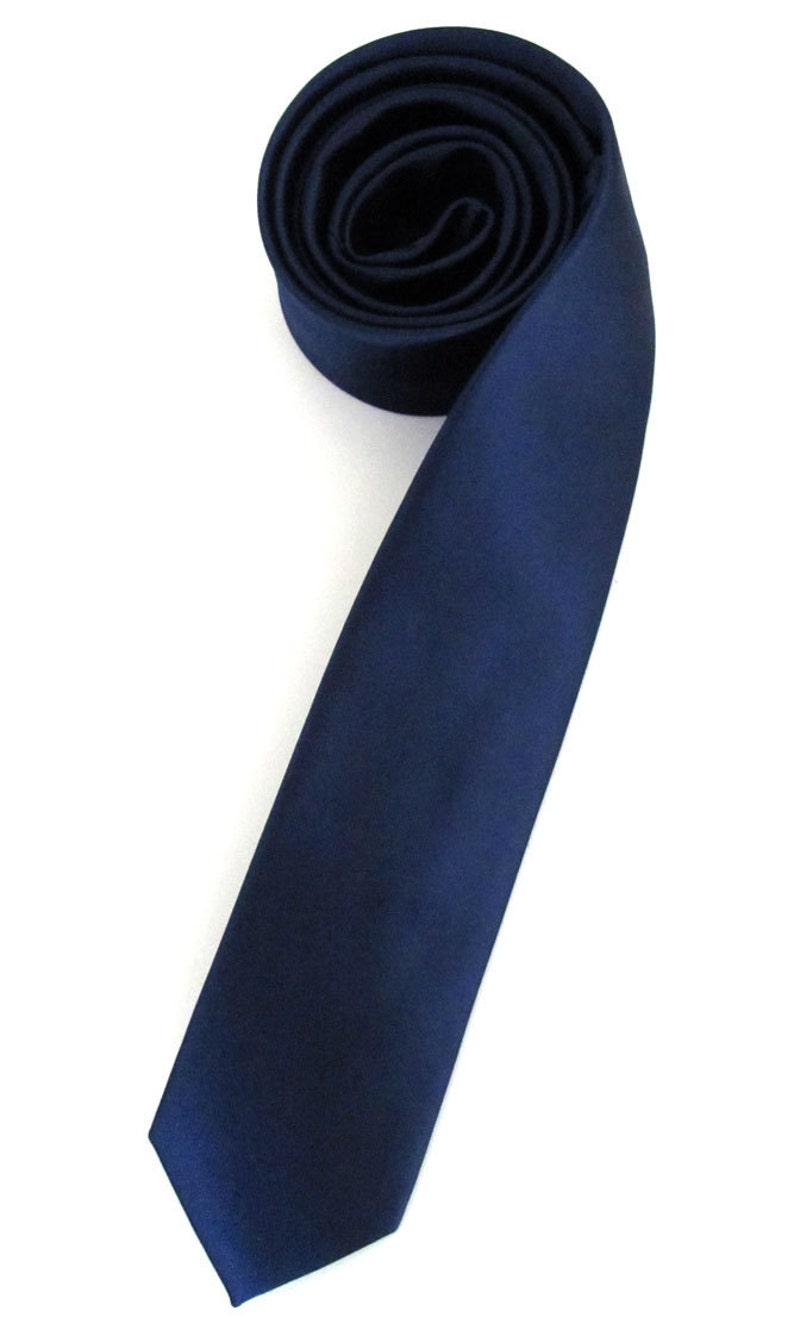 Mens Tie. Dark Navy Blue Skinny Silk Necktie with Matching Pocket Square Handkerchief Option image 2