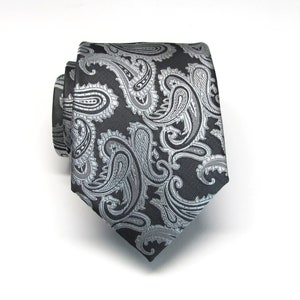 Mens Ties Silver Black Paisley Mens Silk Necktie Wedding ties. With Matching Pocket Square Option