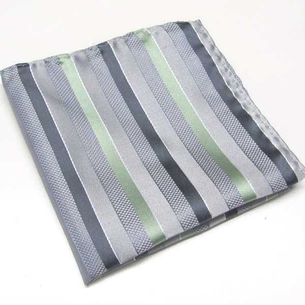 SALE Pocket Square Silver Gray Dusty Shale Green Dusty Mint Green Stripes Hanky Handkerchief