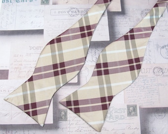 Mens Self Tie Bow Ties. Tan Burgundy Plaid Free Style Bowtie With Matching Pocket Square