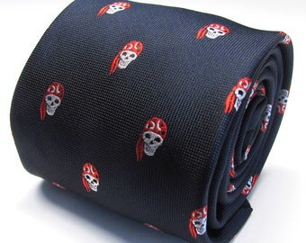 Navy Blue Tie With Red Silver Pirate Skulls Design Necktie