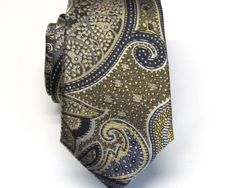 Gold Yellow Olive Green Navy Blue Paisley Necktie with Matching Pocket Square Option