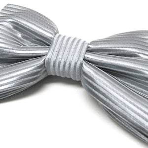 Mens Bowties. Silver Gray Bow tie. Silver Grey Stripes Bowtie With Matching Pocket Square Option