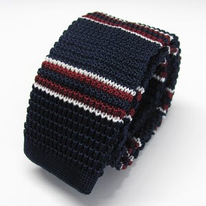 Knit Tie Navy Blue White Burgundy Striped Knitted Mens Necktie