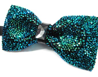 Mens Crystal Bow Tie Beaded Mermaid Green and Blue Adjustable Pre Tied Bow Tie